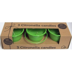 Set Of 3 Citronella Wax Candles In Decorative Coloured Iron Bucket 5H - Green