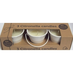 Set Of 3 Citronella Wax Candles In Decorative Coloured Iron Bucket 5H - White