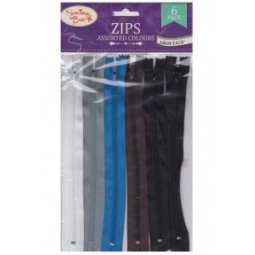 Pack Of 6 Assorted Coloured Replacement Zips 18cm Black Blue White Grey Brown